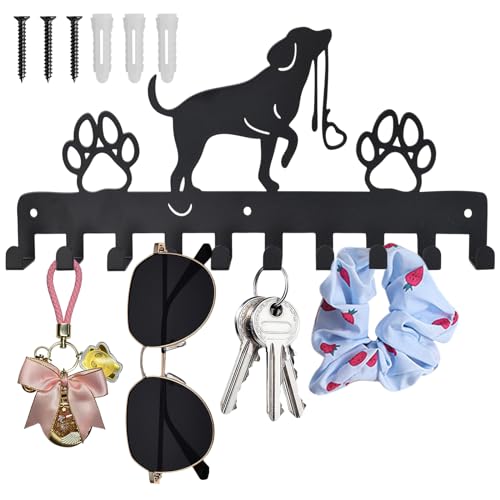 Haken Kleiderbügel Wand Schlüsselhalter Hund und Pfote Drucke Metall Schlüsselhalter mit 10 Haken Hundegarderobe Schwarz Eisen Wandmontage Haken für Hundebesitzer, Wanddeko Metall, Badezimmer, Küche