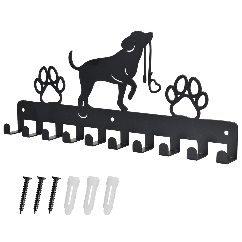 Haken Kleiderbügel Wand Schlüsselhalter Hund und Pfote Drucke Metall Schlüsselhalter mit 10 Haken Hundegarderobe Schwarz Eisen Wandmontage Haken für Hundebesitzer, Wanddeko Metall, Badezimmer, Küche