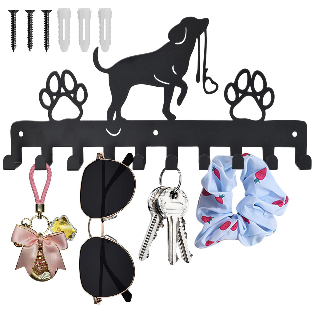 Haken Kleiderbügel Wand Schlüsselhalter Hund und Pfote Drucke Metall Schlüsselhalter mit 10 Haken Hundegarderobe Schwarz Eisen Wandmontage Haken für Hundebesitzer, Wanddeko Metall, Badezimmer, Küche