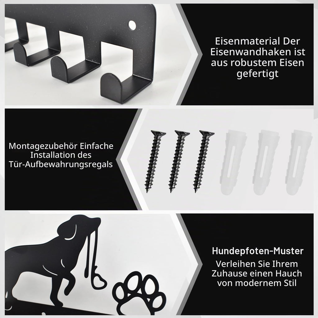 Haken Kleiderbügel Wand Schlüsselhalter Hund und Pfote Drucke Metall Schlüsselhalter mit 10 Haken Hundegarderobe Schwarz Eisen Wandmontage Haken für Hundebesitzer, Wanddeko Metall, Badezimmer, Küche