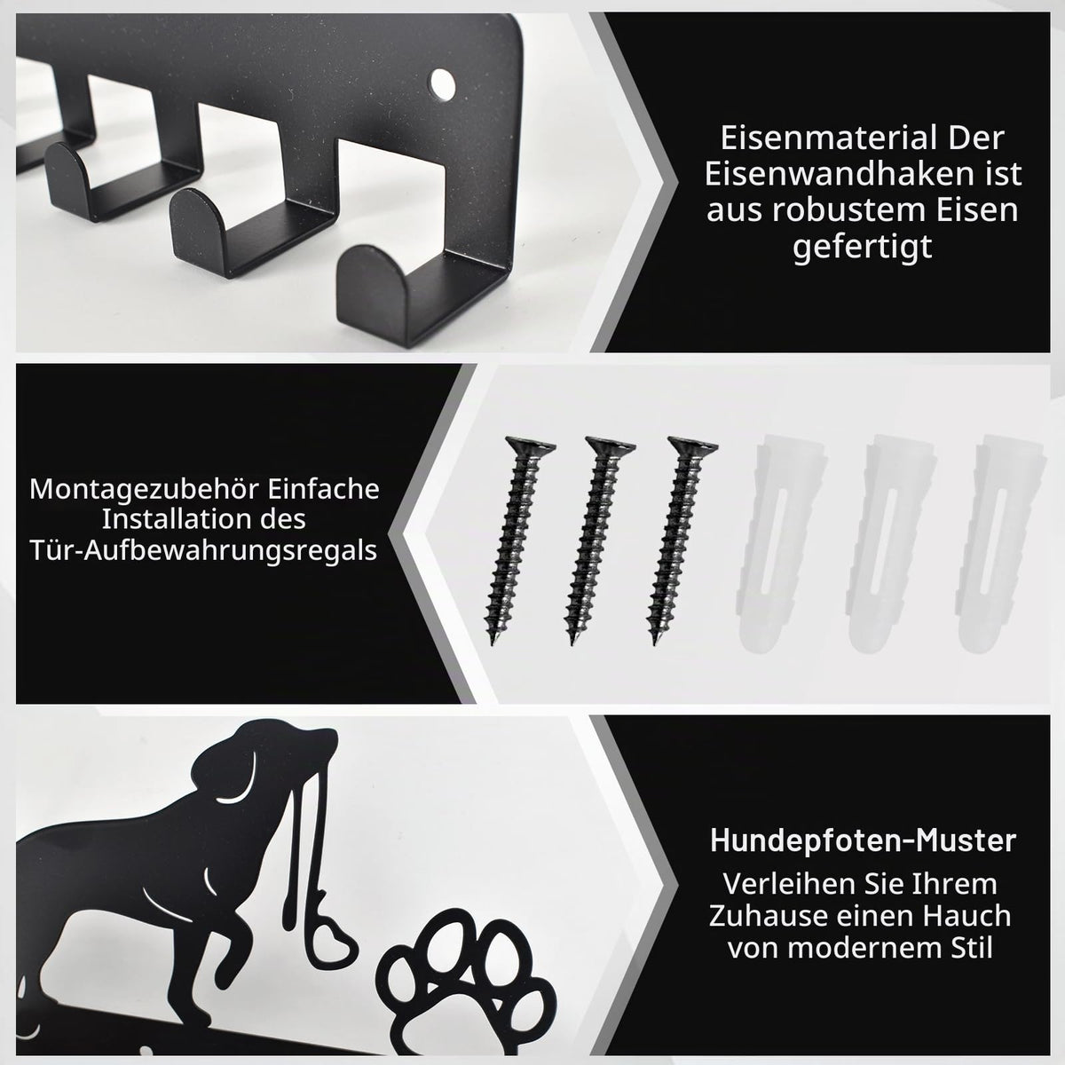 Haken Kleiderbügel Wand Schlüsselhalter Hund und Pfote Drucke Metall Schlüsselhalter mit 10 Haken Hundegarderobe Schwarz Eisen Wandmontage Haken für Hundebesitzer, Wanddeko Metall, Badezimmer, Küche