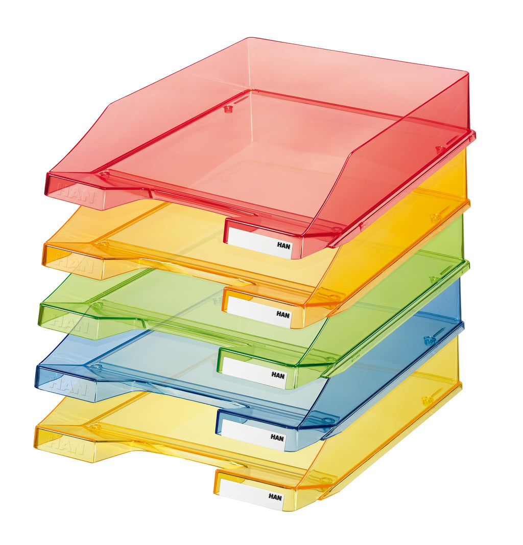 HAN Briefablage KLASSIK TRANSPARENT, 6 STÜCK, moderne, transparente und stapelbare Ablage im frischen Design bis Format A4/C4, 1026-X-29, transparent-rot
