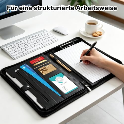 Schreibmappe A4 mit Reißverschluss Konferenzmappe A4 Leder Aktenmappe Organizer Mappe mit Notizblock Kartenfächern Schwarz