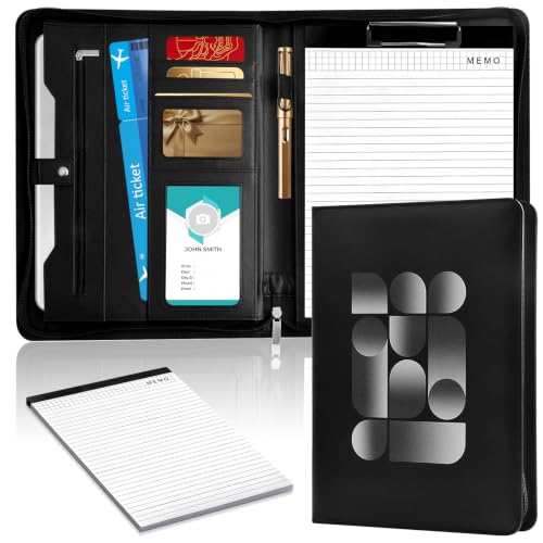 Schreibmappe A4 mit Reißverschluss Konferenzmappe A4 Leder Aktenmappe Organizer Mappe mit Notizblock Kartenfächern Schwarz