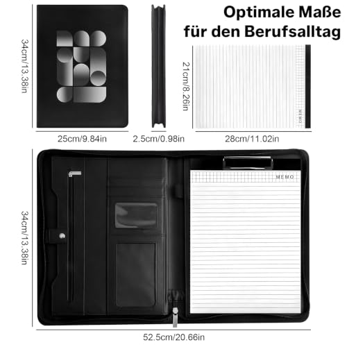 Schreibmappe A4 mit Reißverschluss Konferenzmappe A4 Leder Aktenmappe Organizer Mappe mit Notizblock Kartenfächern Schwarz