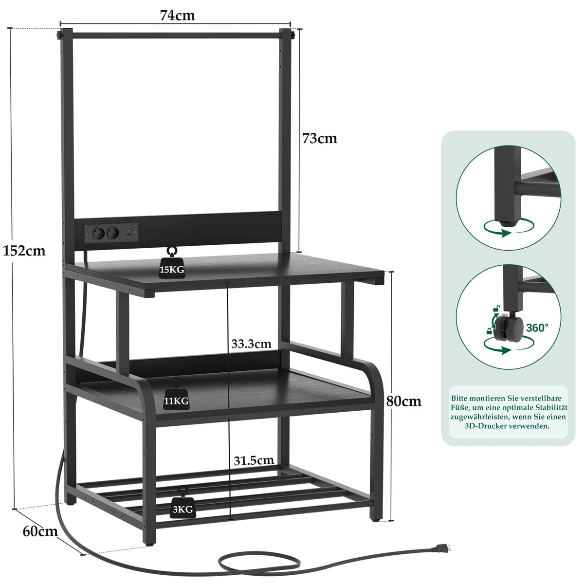 Homieasy 3D-Druckertisch mit Rollen & Ladestation, Schwarz