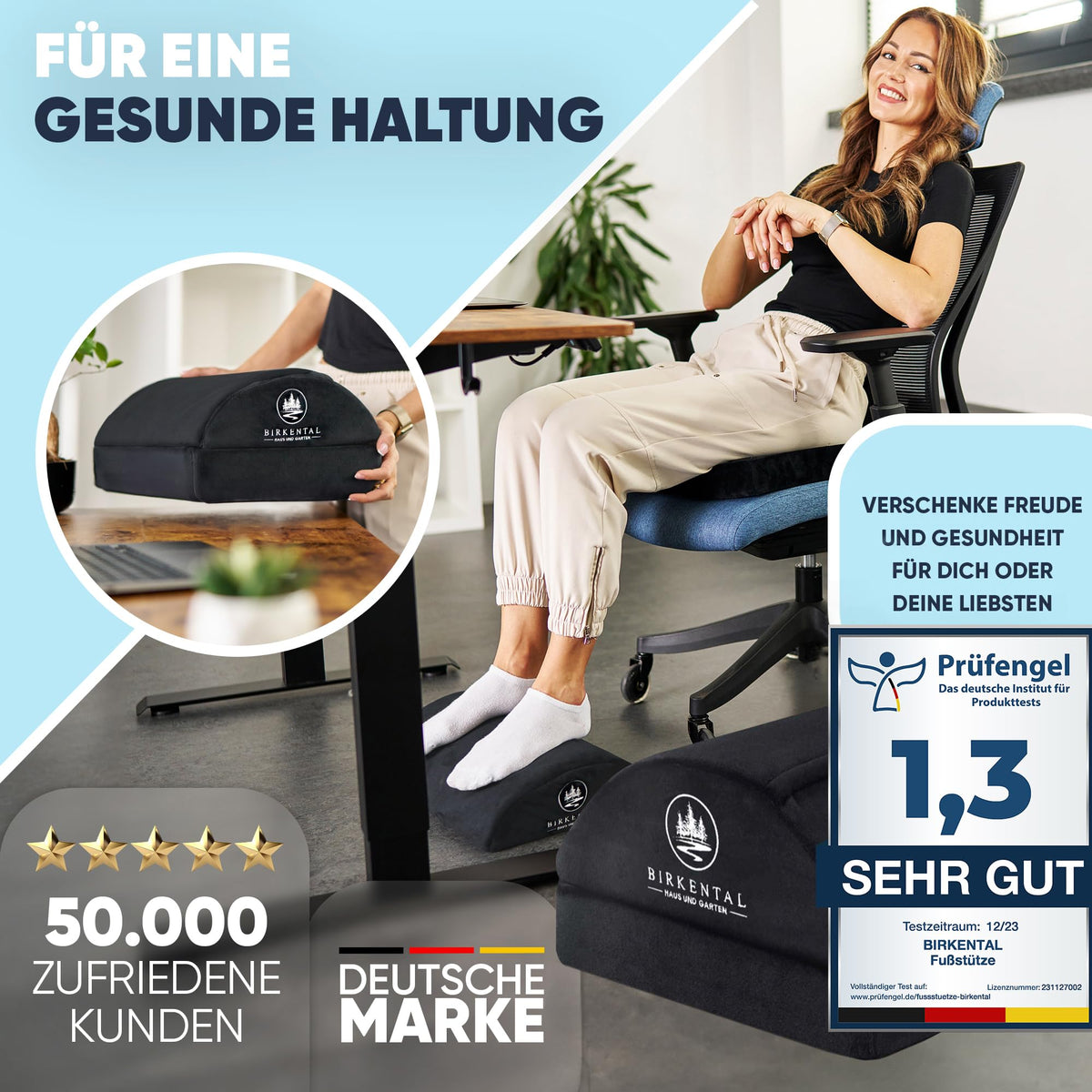 Birkental Fußstütze Schreibtisch – (TESTSIEGER) mit flauschiger Fußtasche – Ergonomisch höhenverstellbare, rutschfeste Fußablage – Büro und Schreibtisch Zubehör für Komfort - Fußbank- Fußhocker