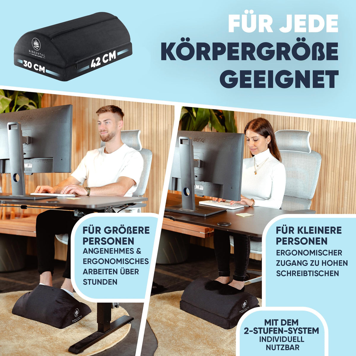 Birkental Fußstütze Schreibtisch – (TESTSIEGER) mit flauschiger Fußtasche – Ergonomisch höhenverstellbare, rutschfeste Fußablage – Büro und Schreibtisch Zubehör für Komfort - Fußbank- Fußhocker