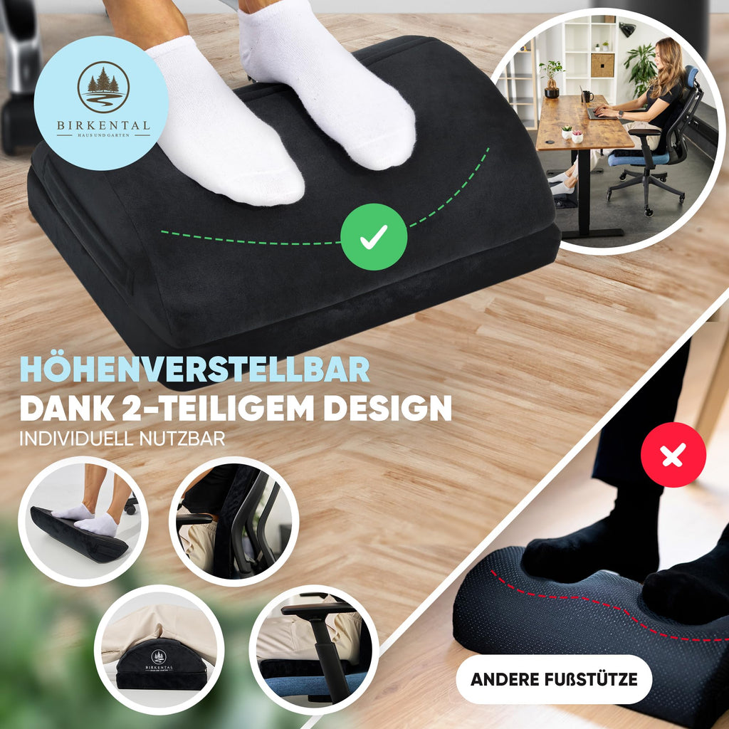 Birkental Fußstütze Schreibtisch – (TESTSIEGER) mit flauschiger Fußtasche – Ergonomisch höhenverstellbare, rutschfeste Fußablage – Büro und Schreibtisch Zubehör für Komfort - Fußbank- Fußhocker