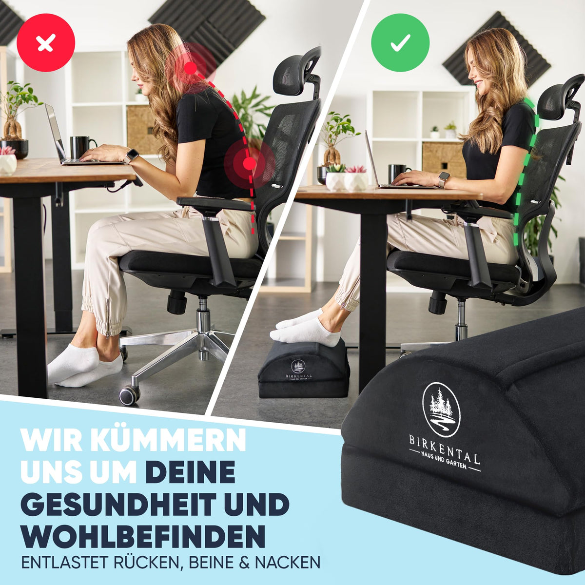 Birkental Fußstütze Schreibtisch – (TESTSIEGER) mit flauschiger Fußtasche – Ergonomisch höhenverstellbare, rutschfeste Fußablage – Büro und Schreibtisch Zubehör für Komfort - Fußbank- Fußhocker