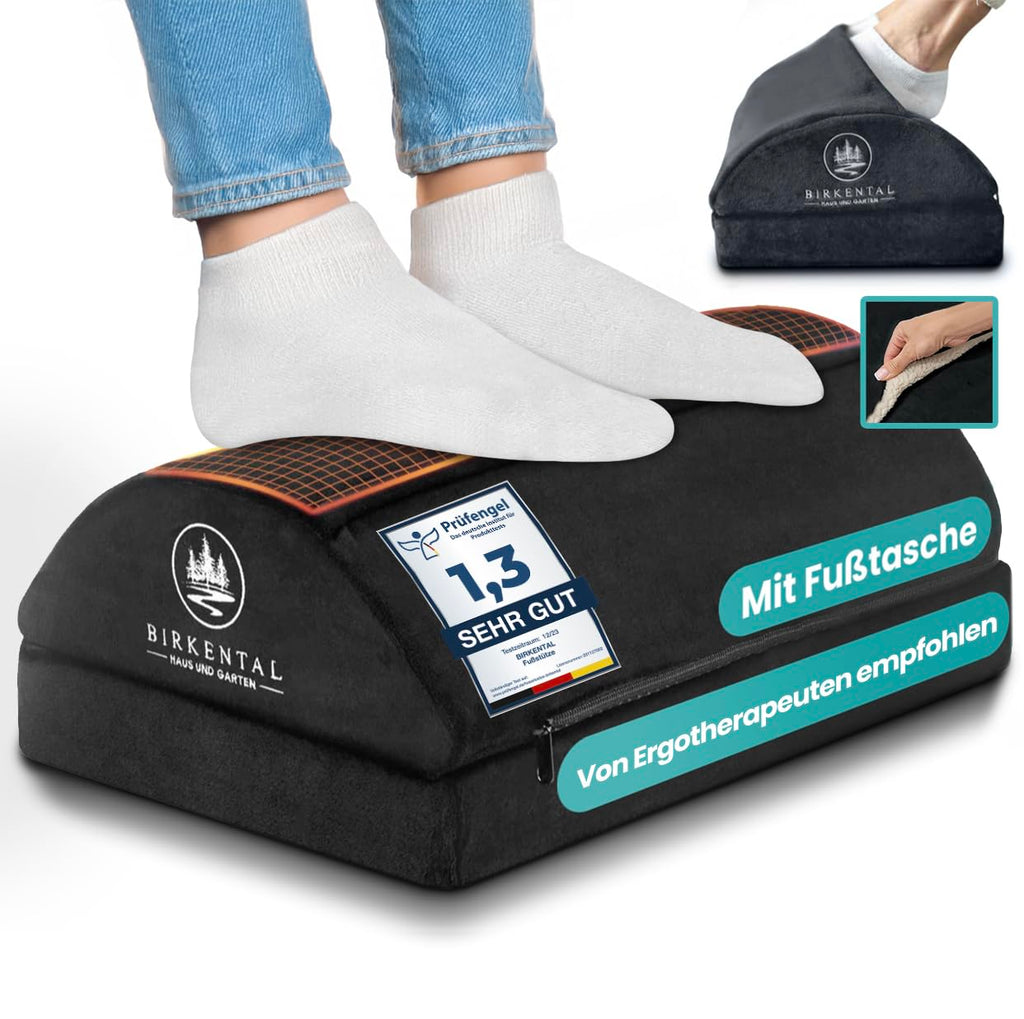 Birkental Fußstütze Schreibtisch – (TESTSIEGER) mit flauschiger Fußtasche – Ergonomisch höhenverstellbare, rutschfeste Fußablage – Büro und Schreibtisch Zubehör für Komfort - Fußbank- Fußhocker