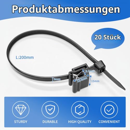 Kabelbinder mit Clip Kabelbinderhalter - 20X PV Kabelbinder UV Beständig mit Clip, Kabelbinder mit Randclip, Kabel binder mit Clip, für Solar Befestigungsclip, Solarmontageclip, Photovoltaik 20 CM