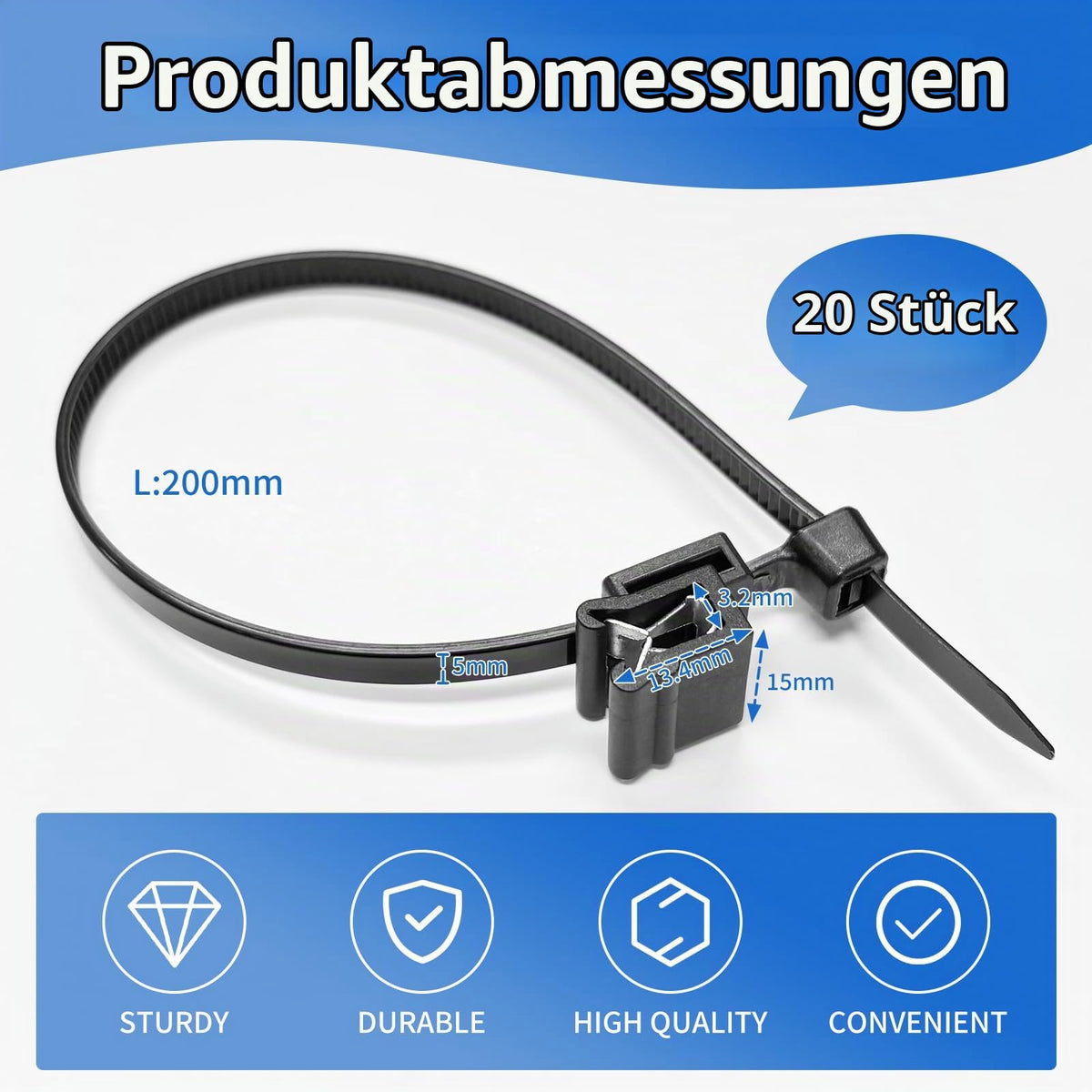 Kabelbinder mit Clip Kabelbinderhalter - 20X PV Kabelbinder UV Beständig mit Clip, Kabelbinder mit Randclip, Kabel binder mit Clip, für Solar Befestigungsclip, Solarmontageclip, Photovoltaik 20 CM