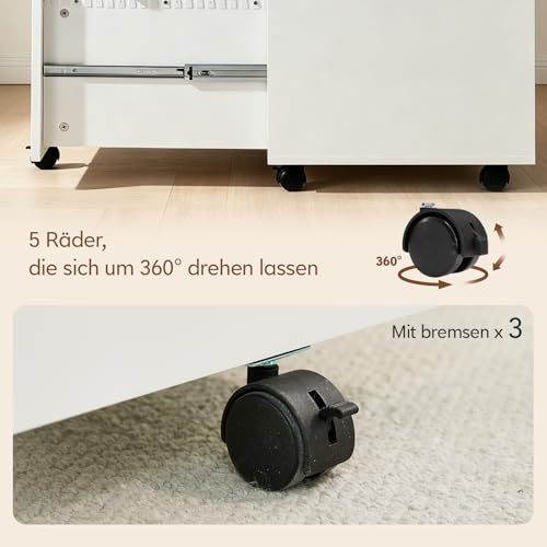TUKAILAI Rollcontainer abschließbar mit 3 Schubladen Mobiler Aktenschrank