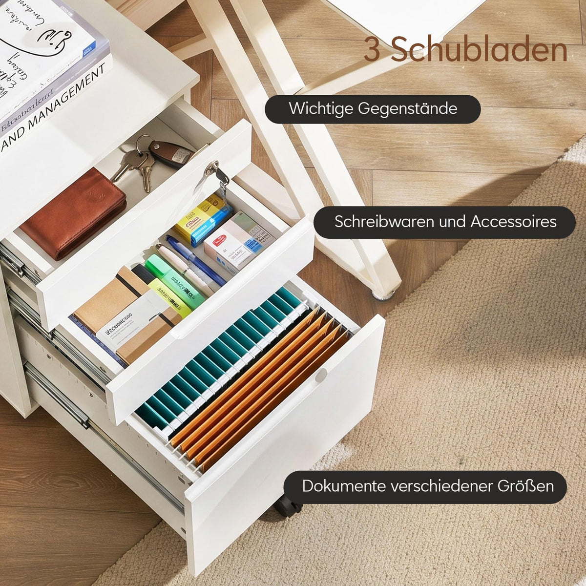 TUKAILAI Rollcontainer abschließbar mit 3 Schubladen Mobiler Aktenschrank