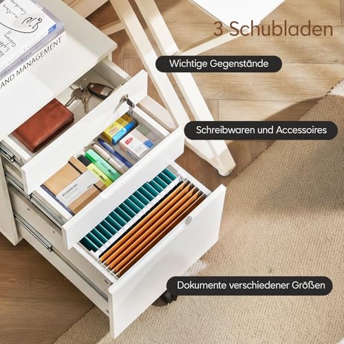TUKAILAI Rollcontainer abschließbar mit 3 Schubladen Mobiler Aktenschrank