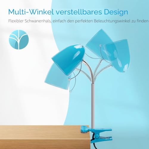 Aigostar Klemmlampe Retro E27, Schreibtischlampe Klemmbar, Ohne Glühbirne, Flexibler Metallarm, 153cm Kabel mit Schalter, Leselampe Bett, Klemmleuchte, Blau