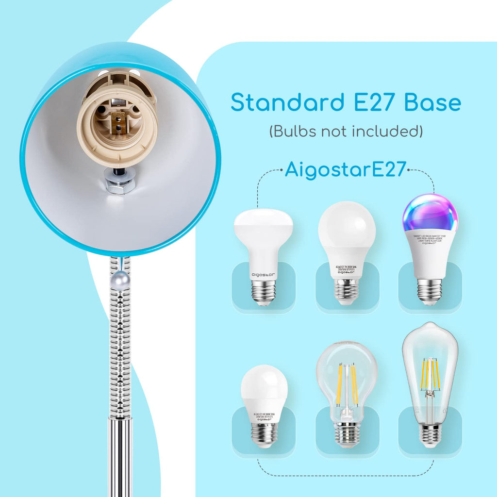 Aigostar Klemmlampe Retro E27, Schreibtischlampe Klemmbar, Ohne Glühbirne, Flexibler Metallarm, 153cm Kabel mit Schalter, Leselampe Bett, Klemmleuchte, Blau
