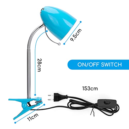 Aigostar Klemmlampe Retro E27, Schreibtischlampe Klemmbar, Ohne Glühbirne, Flexibler Metallarm, 153cm Kabel mit Schalter, Leselampe Bett, Klemmleuchte, Blau