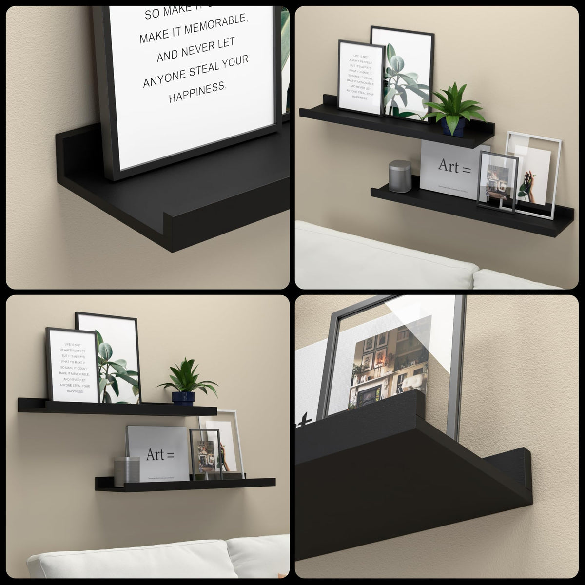 RICHER HOUSE Wandregal Schwarz, 40x13 cm, Schweberegal aus MDF Holz,3er Set