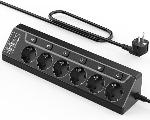 Eck Steckdosenleiste Überspannungsschutz mit USB C, 6 Fach Tischsteckdose Mehrfachsteckdose mit 2M Kabel (3680W,16A), Verteilersteckdose für Küchemit Heim Büro