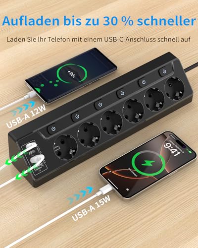 Eck Steckdosenleiste Überspannungsschutz mit USB C, 6 Fach Tischsteckdose Mehrfachsteckdose mit 2M Kabel (3680W,16A), Verteilersteckdose für Küchemit Heim Büro