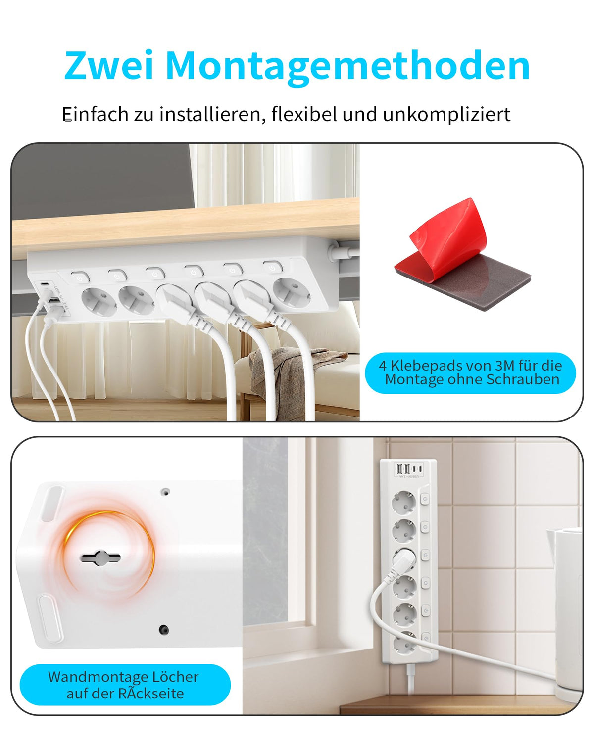 Eck Steckdosenleiste Überspannungsschutz mit USB C, 6 Fach Tischsteckdose Mehrfachsteckdose mit 2M Kabel (3680W,16A), Verteilersteckdose für Küchemit Heim Büro
