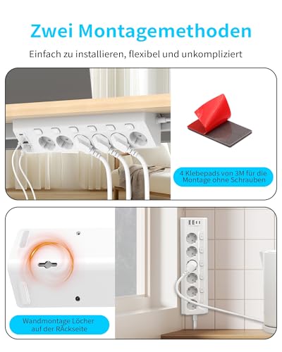 Eck Steckdosenleiste Überspannungsschutz mit USB C, 6 Fach Tischsteckdose Mehrfachsteckdose mit 2M Kabel (3680W,16A), Verteilersteckdose für Küchemit Heim Büro