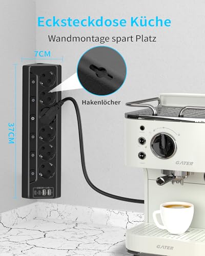 Eck Steckdosenleiste Überspannungsschutz mit USB C, 6 Fach Tischsteckdose Mehrfachsteckdose mit 2M Kabel (3680W,16A), Verteilersteckdose für Küchemit Heim Büro