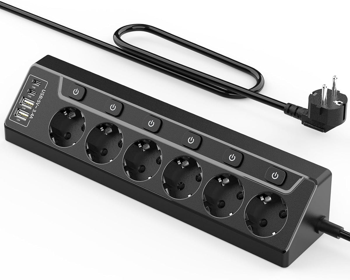 Eck Steckdosenleiste Überspannungsschutz mit USB C, 6 Fach Tischsteckdose Mehrfachsteckdose mit 2M Kabel (3680W,16A), Verteilersteckdose für Küchemit Heim Büro