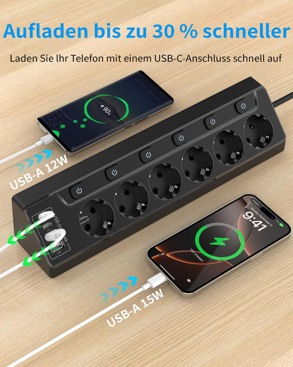 Eck Steckdosenleiste Überspannungsschutz mit USB C, 6 Fach Tischsteckdose Mehrfachsteckdose mit 2M Kabel (3680W,16A), Verteilersteckdose für Küchemit Heim Büro