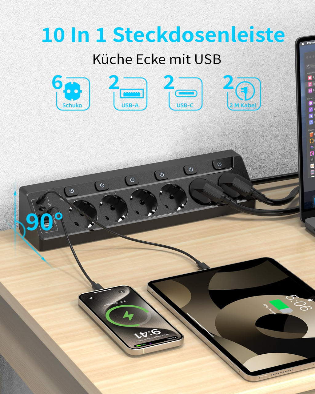 Eck Steckdosenleiste Überspannungsschutz mit USB C, 6 Fach Tischsteckdose Mehrfachsteckdose mit 2M Kabel (3680W,16A), Verteilersteckdose für Küchemit Heim Büro