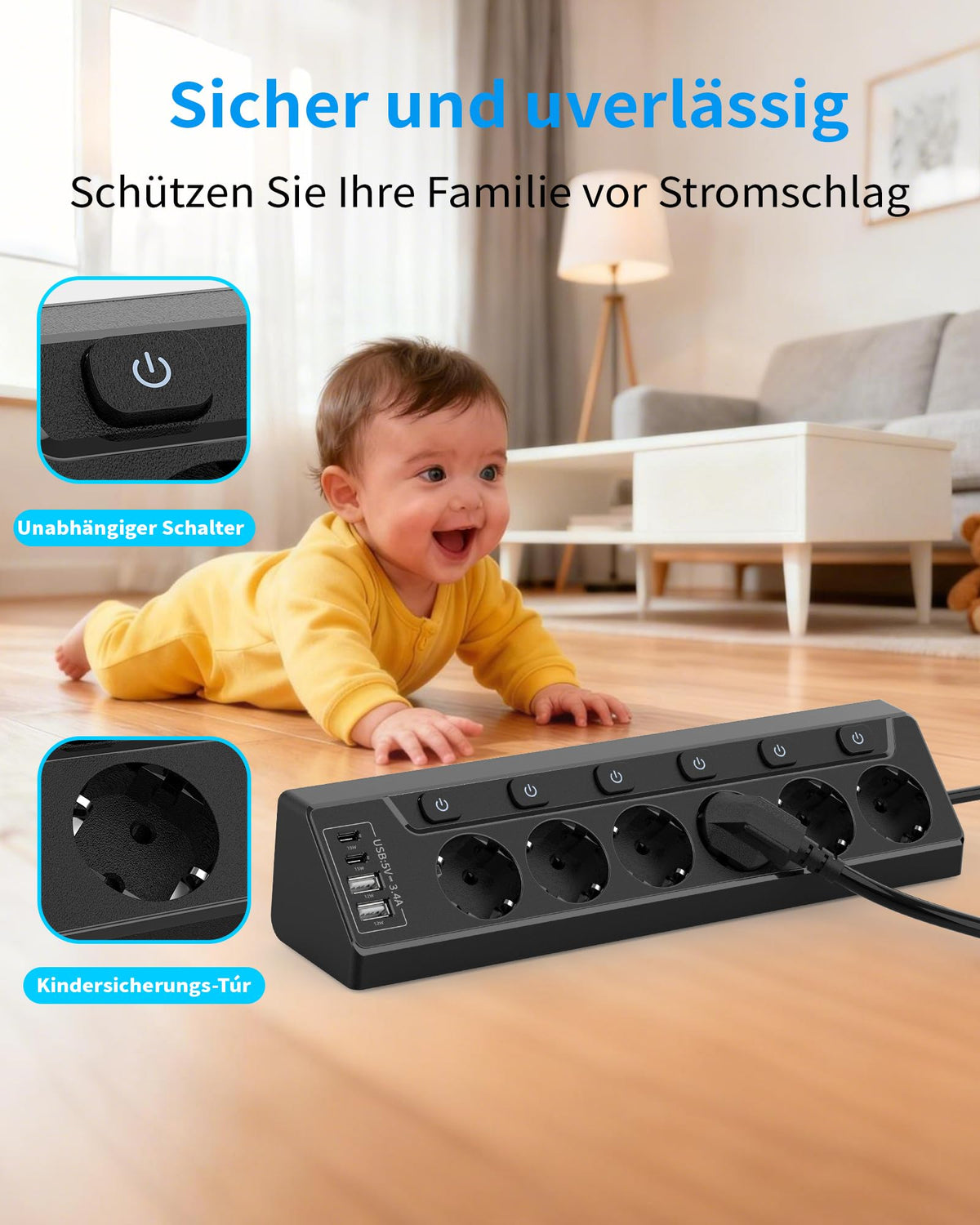 Eck Steckdosenleiste Überspannungsschutz mit USB C, 6 Fach Tischsteckdose Mehrfachsteckdose mit 2M Kabel (3680W,16A), Verteilersteckdose für Küchemit Heim Büro