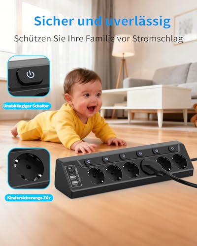 Eck Steckdosenleiste Überspannungsschutz mit USB C, 6 Fach Tischsteckdose Mehrfachsteckdose mit 2M Kabel (3680W,16A), Verteilersteckdose für Küchemit Heim Büro