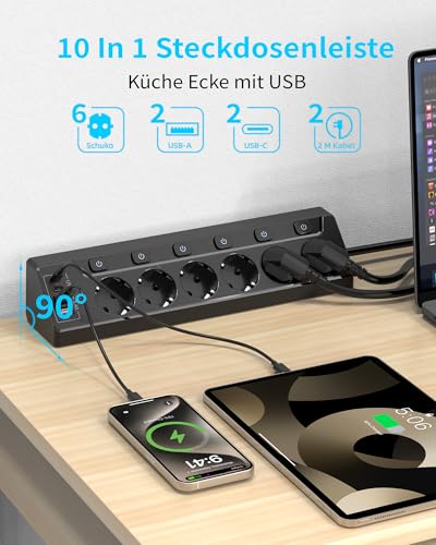 Eck Steckdosenleiste Überspannungsschutz mit USB C, 6 Fach Tischsteckdose Mehrfachsteckdose mit 2M Kabel (3680W,16A), Verteilersteckdose für Küchemit Heim Büro