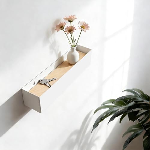 Schlüsselbrett mit Ablage, Schlüsselablage Flur mit 5 Haken, Schlüsselanhänger Wand aus Metall und Holz, Platzsparend, 30 x 7,5 x 6 cm, Weiß, für Eingangsbereiche, Flure, Wohnzimmer