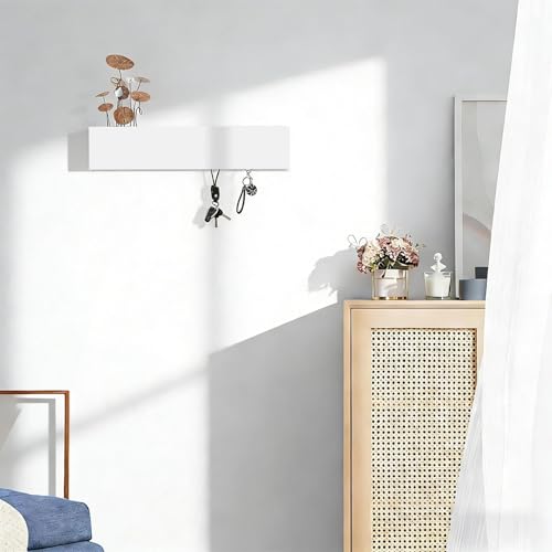 Schlüsselbrett mit Ablage, Schlüsselablage Flur mit 5 Haken, Schlüsselanhänger Wand aus Metall und Holz, Platzsparend, 30 x 7,5 x 6 cm, Weiß, für Eingangsbereiche, Flure, Wohnzimmer