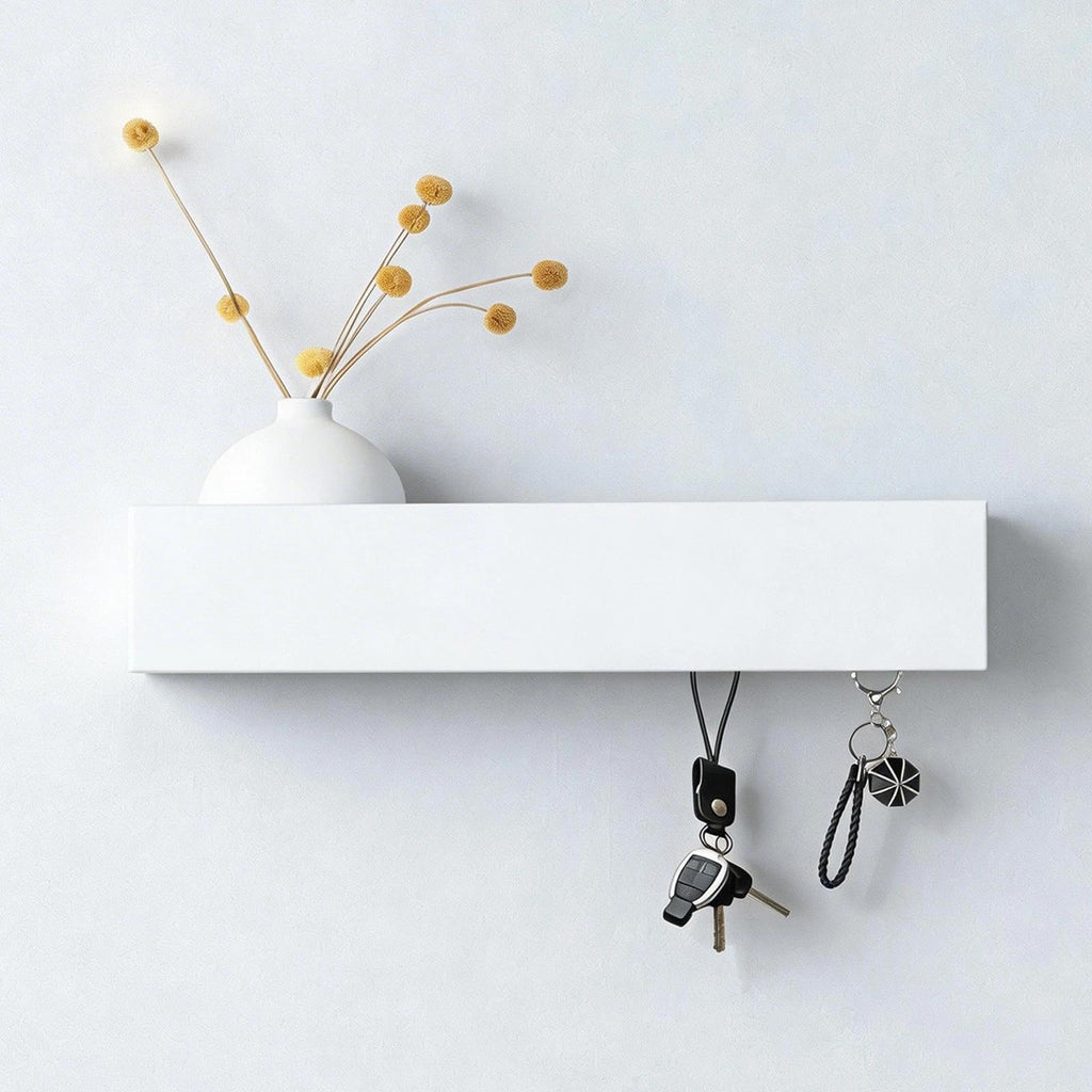 Schlüsselbrett mit Ablage, Schlüsselablage Flur mit 5 Haken, Schlüsselanhänger Wand aus Metall und Holz, Platzsparend, 30 x 7,5 x 6 cm, Weiß, für Eingangsbereiche, Flure, Wohnzimmer