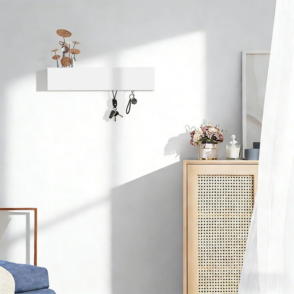 Schlüsselbrett mit Ablage, Schlüsselablage Flur mit 5 Haken, Schlüsselanhänger Wand aus Metall und Holz, Platzsparend, 30 x 7,5 x 6 cm, Weiß, für Eingangsbereiche, Flure, Wohnzimmer
