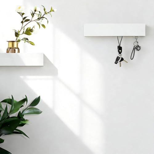 Schlüsselbrett mit Ablage, Schlüsselablage Flur mit 5 Haken, Schlüsselanhänger Wand aus Metall und Holz, Platzsparend, 30 x 7,5 x 6 cm, Weiß, für Eingangsbereiche, Flure, Wohnzimmer