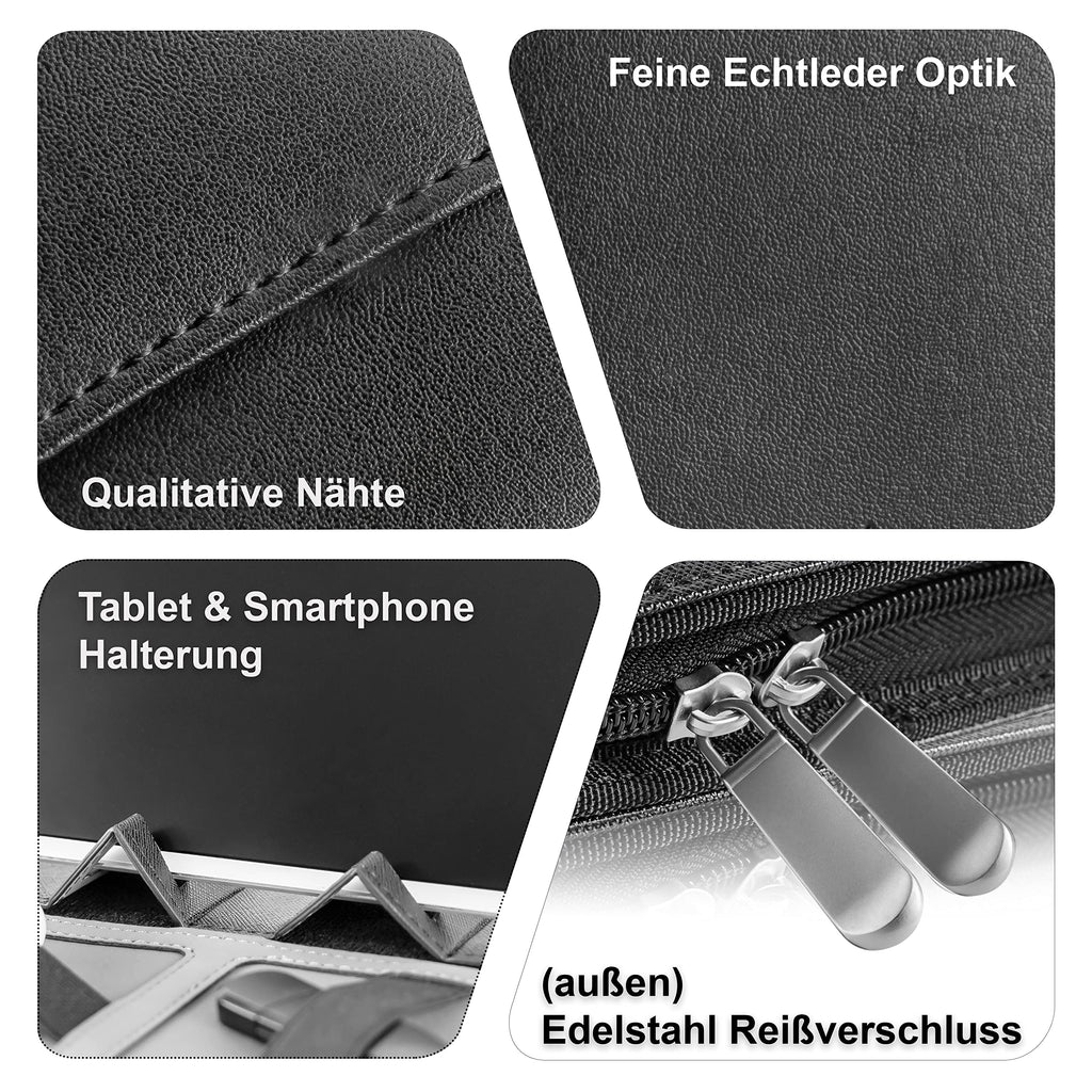 Business Schreibmappe A4 'Eagle' - Hochwertige Dokumentenmappe mit Tablet Halterung - inkl. Kreditkartenetui + EXTRAS - Business Organizer aus hochwertigem Kunstleder Schwarz