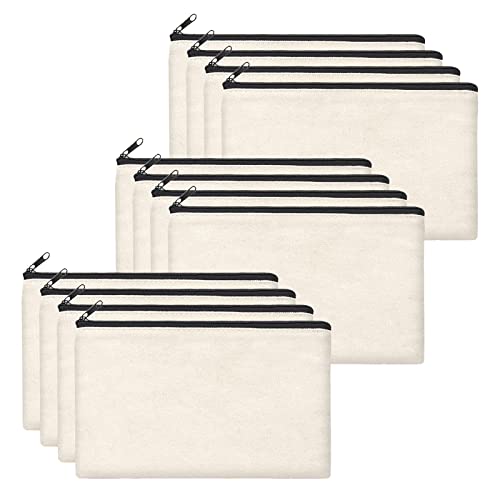Blank Stoffbeutel, 12 Stück DIY Blanko Stoff Federmäppchen, Leinwand Kosmetiktasche, Stoffbeutel zum Bemalen,Reise Kosmetiktasche, 21x12cm