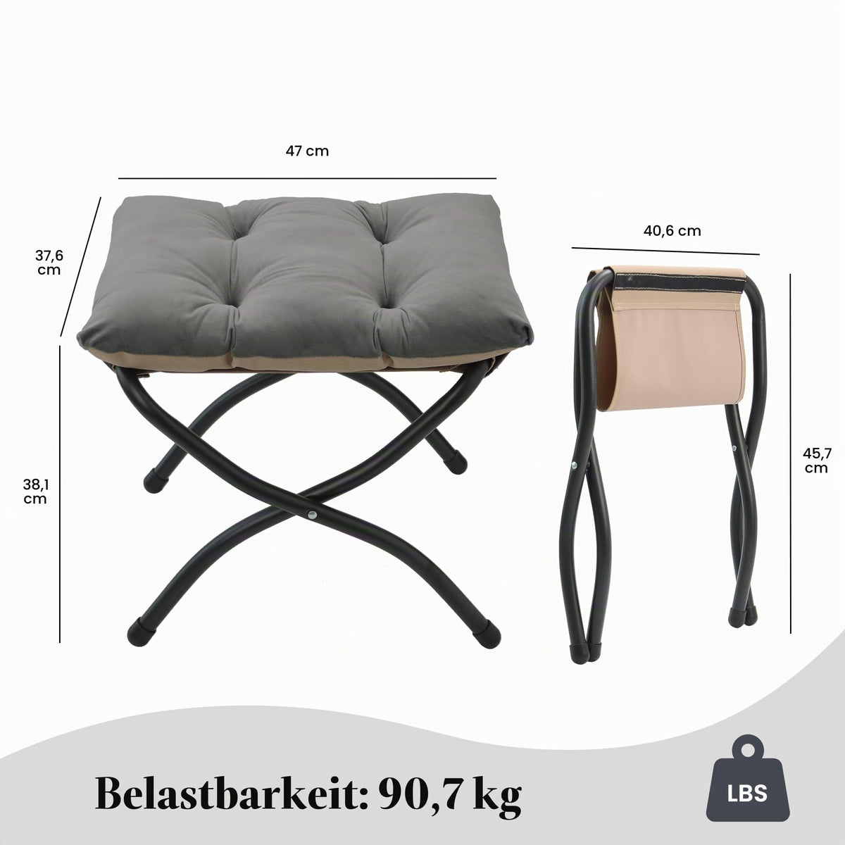 Klappbares Ottoman, 38cm Klappbares Fußstütz-Stool, Tragbares kleines Fußstool für Couch, Zusammenklappbares Fußstütz-Ottoman für Sofa, Akzent-Polster-Ottomans für Wohnzimmer, Schlafzimmer, Dunkelgrau