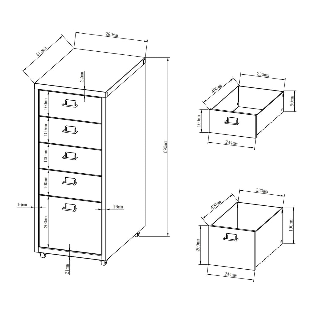 Helloshop26 Büroschrank, Rollschrank, mit 5 Schubladen, 69 x 28 x 41 cm, Orange 03_0009103