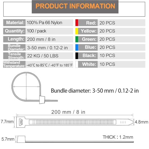 100 Stück Kabelbinder Wiederverschließbar 200 x 4.8 mm, Kabelbinder Bunte Set-UV beständig & Reißfest-Farbiges Nylon-Rot/Gelb/Blau/Grün/Schwarz/Weiß
