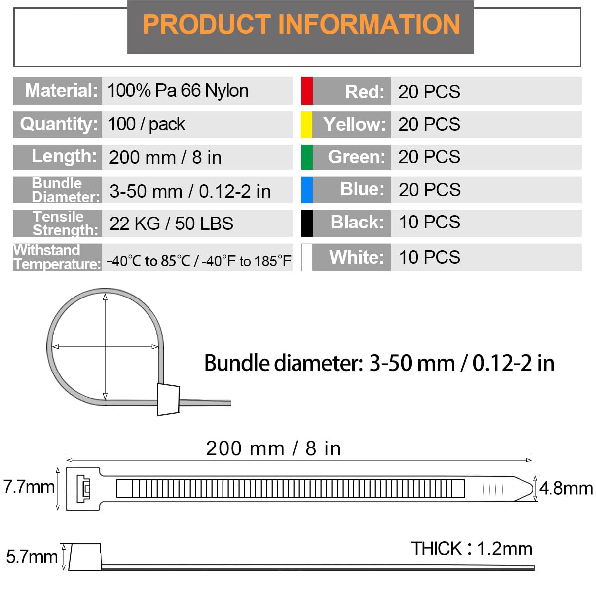 100 Stück Kabelbinder Wiederverschließbar 200 x 4.8 mm, Kabelbinder Bunte Set-UV beständig & Reißfest-Farbiges Nylon-Rot/Gelb/Blau/Grün/Schwarz/Weiß