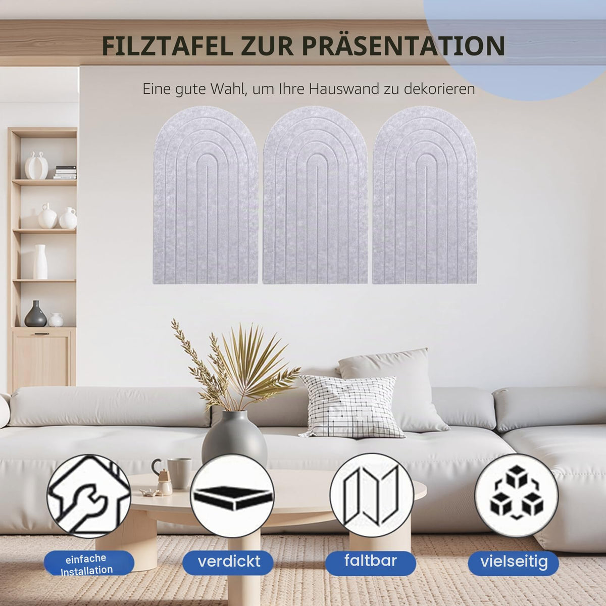 Faltbare Große Korkplatte Pinnwand Halbkreis 90x60cm - Vision Board & Korkwand mit selbstklebender Filz-Oberfläche, Großes faltbares Dekorationsbrett für Bilder und Notizen, Helles Kamel