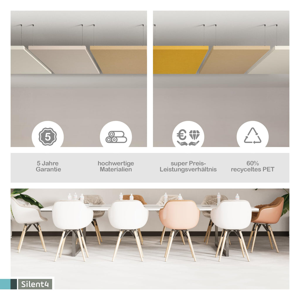 SILENT4® Schallabsorber Decke 114x72x5cm Akustikbild Akustikpaneele aus Akustikvlies, Seilmontage, messbar verbesserte Raumakustik durch Akustikplatten mit waschbarem Stoffbezug in Grün
