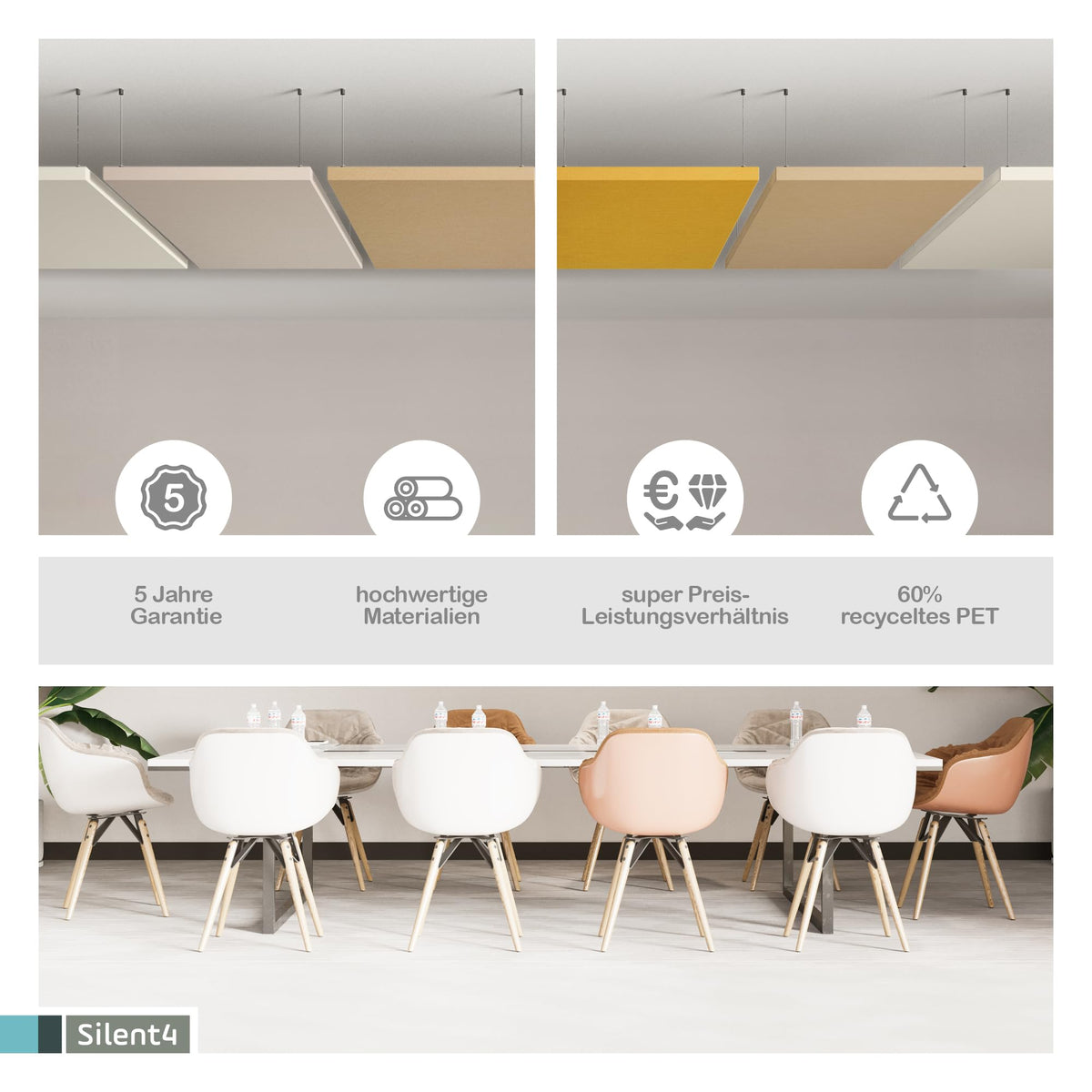 SILENT4® Schallabsorber Decke 114x72x5cm Akustikbild Akustikpaneele aus Akustikvlies, Seilmontage, messbar verbesserte Raumakustik durch Akustikplatten mit waschbarem Stoffbezug in Grün