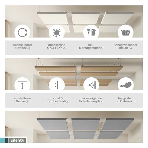 SILENT4® Schallabsorber Decke 114x72x5cm Akustikbild Akustikpaneele aus Akustikvlies, Seilmontage, messbar verbesserte Raumakustik durch Akustikplatten mit waschbarem Stoffbezug in Grün